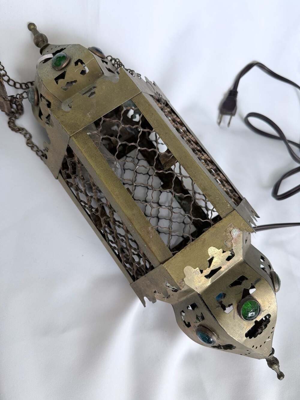 Antique Moroccan Pierced Brass Lantern Jewels Hanging Candle Lamp Middle Eastern